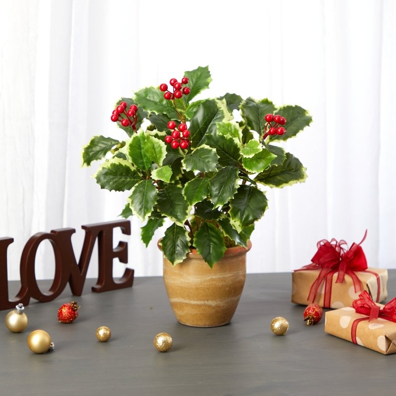14” Variegated Holly Leaf Artificial Plant in Ceramic Planter (Real Touch) - FCHF CITY