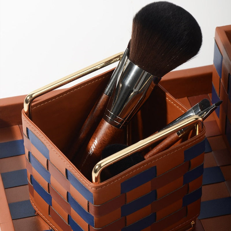 Modern Woven Checkered Storage Bin, Faux‑Leather Decor Organizer for Home