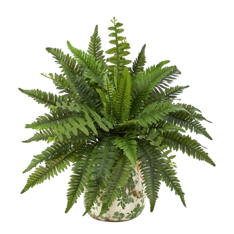 15” Boston Fern Artificial Plant with Tuscan Ceramic Green Scroll Planter - FCHF CITY
