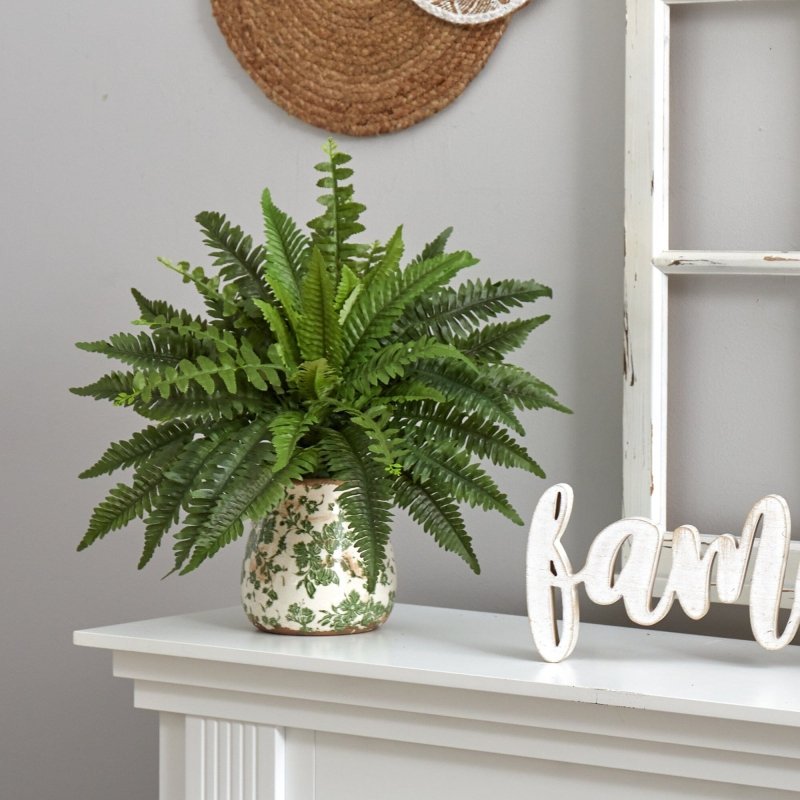 15” Boston Fern Artificial Plant with Tuscan Ceramic Green Scroll Planter - FCHF CITY