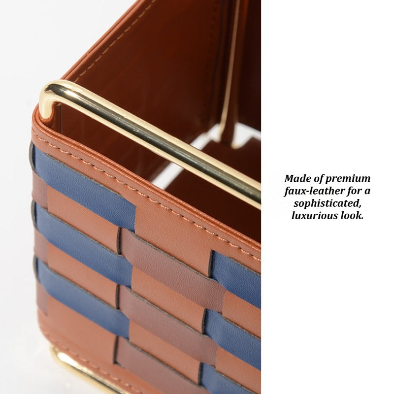 Modern Woven Checkered Storage Bin, Faux‑Leather Decor Organizer for Home
