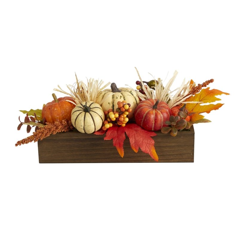 16” Harvest Pumpkin and Berries Artificial Arrangement in Wood Vase - FCHF CITY