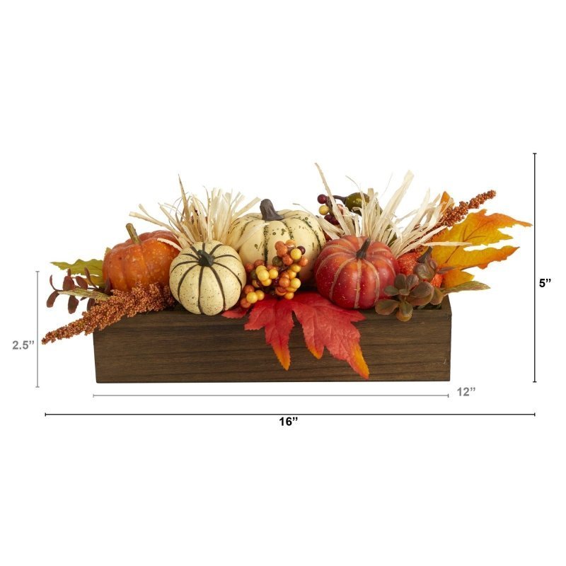 16” Harvest Pumpkin and Berries Artificial Arrangement in Wood Vase - FCHF CITY