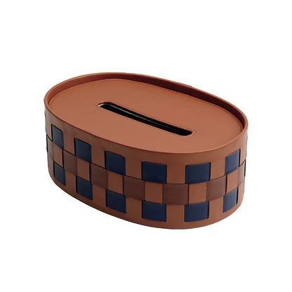Modern Woven Checkered Storage Bin, Faux‑Leather Decor Organizer for Home