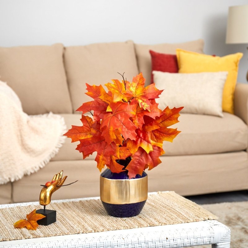 18” Autumn Maple Leaf Artificial Plant in Blue and Gold Planter - FCHF CITY