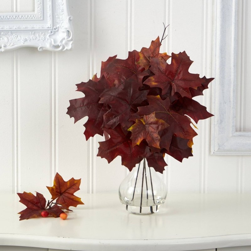 18” Autumn Maple Leaf Artificial Plant in Glass Planter - FCHF CITY