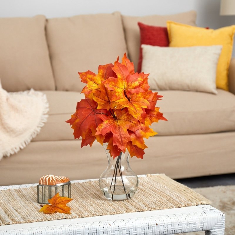 18” Autumn Maple Leaf Artificial Plant in Glass Planter - FCHF CITY