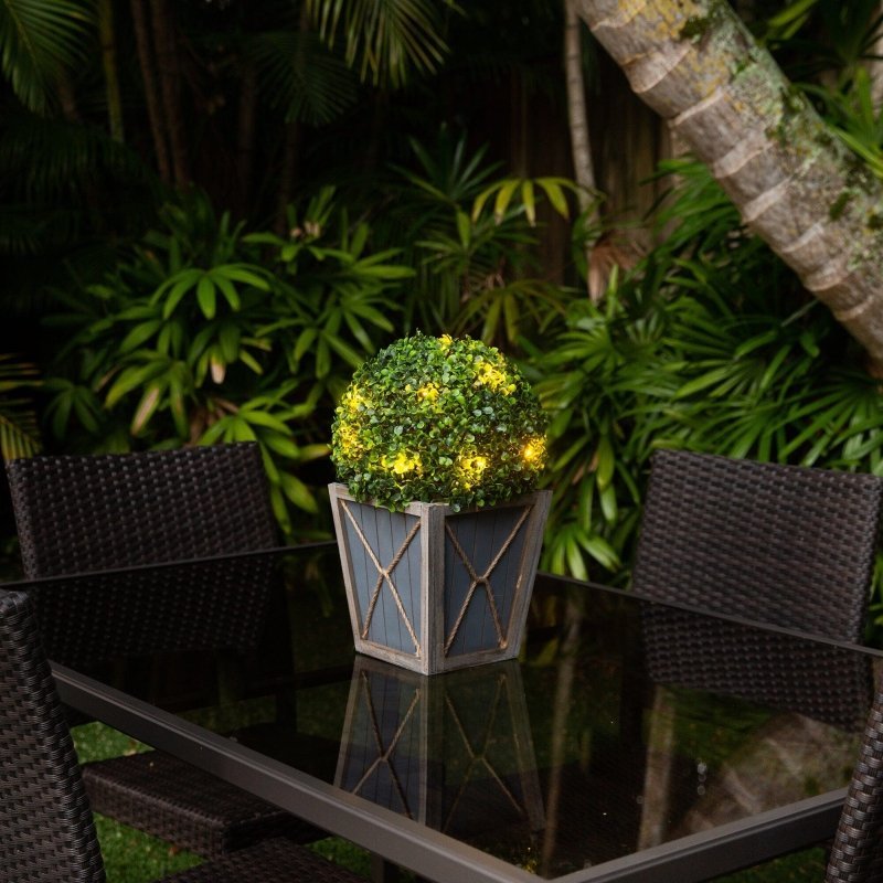 18” UV Resistant Artificial Boxwood Ball Topiary with LED Lights in Decorative Planter (Indoor/Outdoor) - FCHF CITY