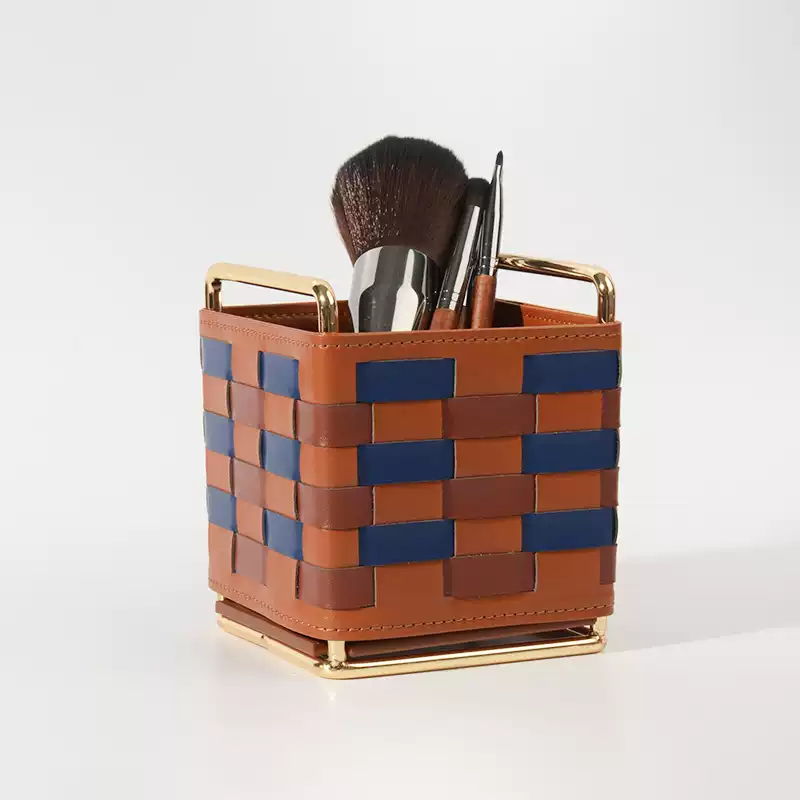 Modern Woven Checkered Storage Bin, Faux‑Leather Decor Organizer for Home