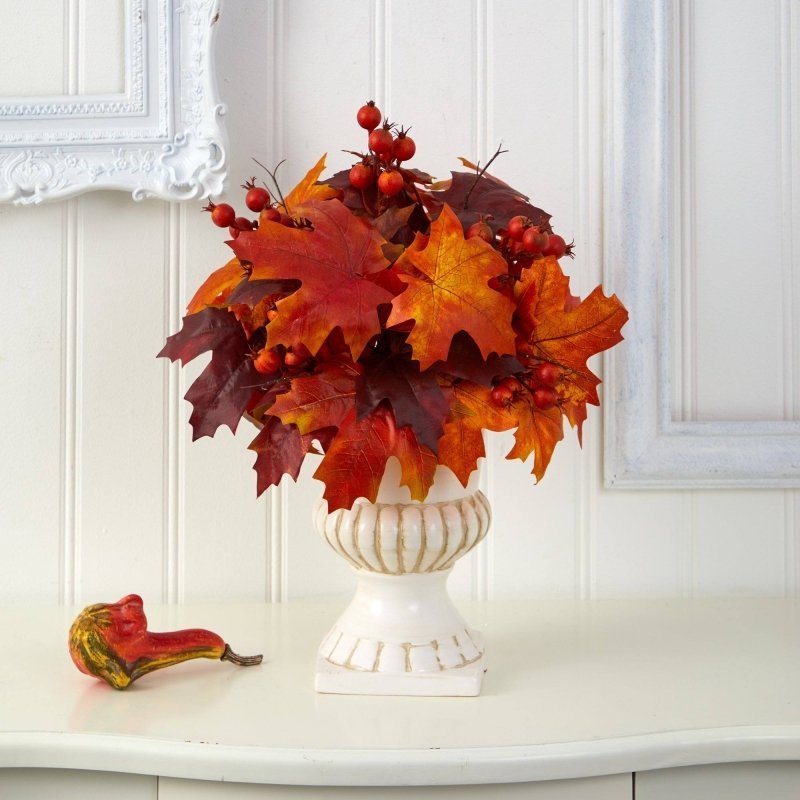 20” Autumn Maple Leaf and Berries Artificial Plant in White Urn - FCHF CITY