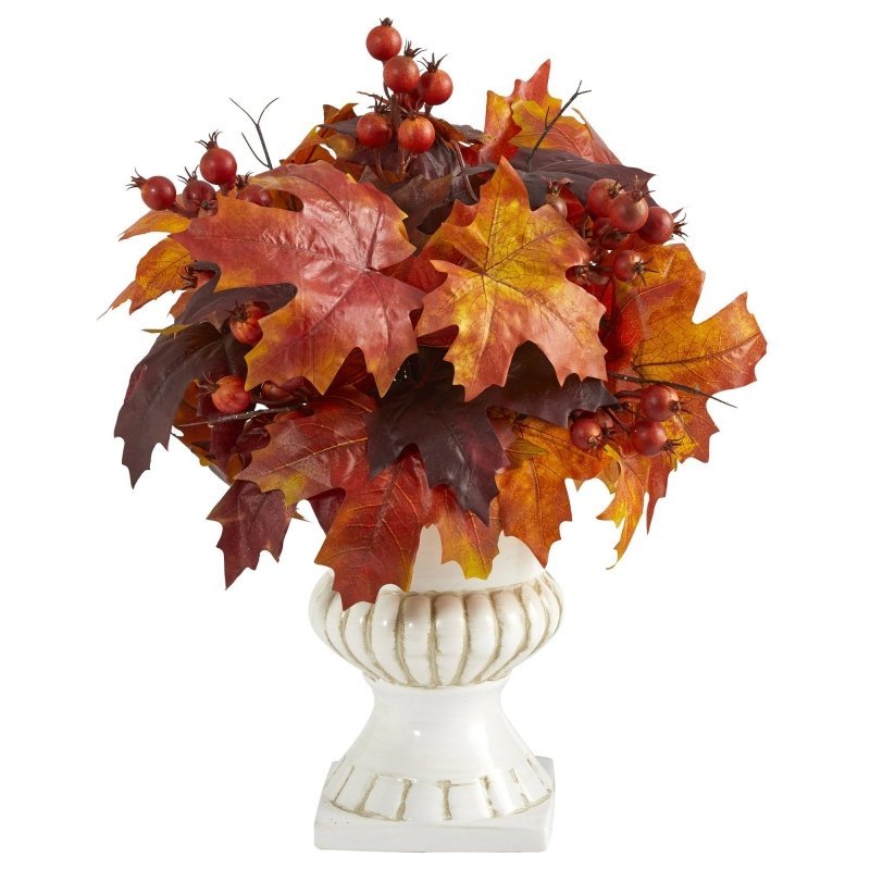 20” Autumn Maple Leaf and Berries Artificial Plant in White Urn - FCHF CITY