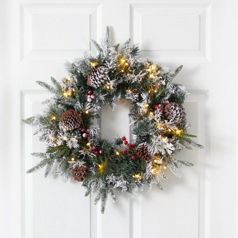 20” Flocked Artificial Christmas Wreath with 35 Warm White LED Lights - FCHF CITY