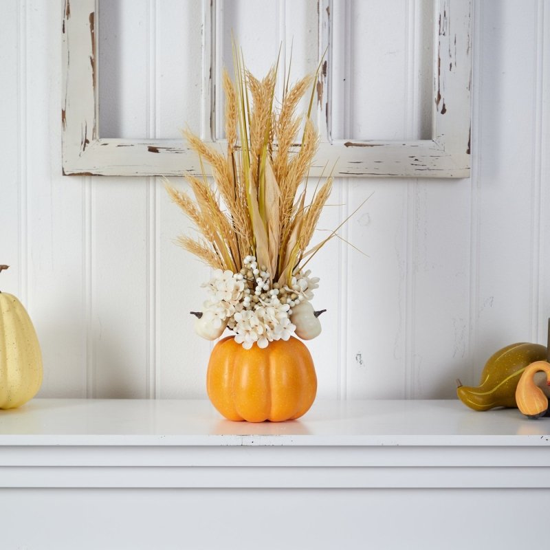 21” Autumn Dried Wheat and Pumpkin Artificial Fall Arrangement in Decorative Pumpkin Vase - FCHF CITY
