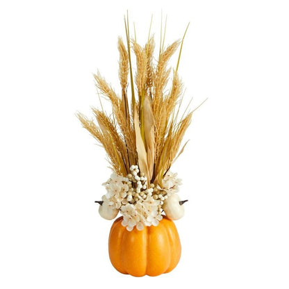21” Autumn Dried Wheat and Pumpkin Artificial Fall Arrangement in Decorative Pumpkin Vase - FCHF CITY