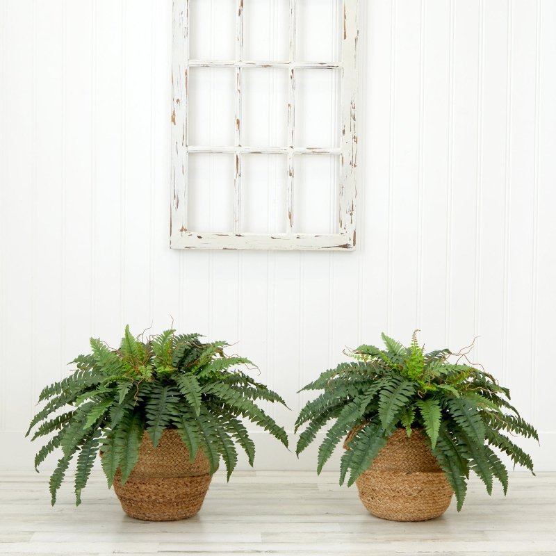 23” Artificial Boston Fern Plant with Handmade Jute &amp; Cotton Basket with Handles DIY KIT - Set of 2 - FCHF CITY