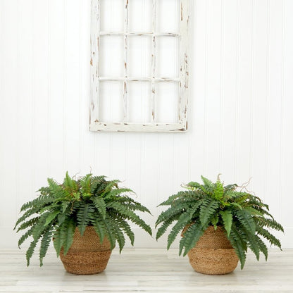 23” Artificial Boston Fern Plant with Handmade Jute &amp; Cotton Basket with Handles DIY KIT - Set of 2 - FCHF CITY