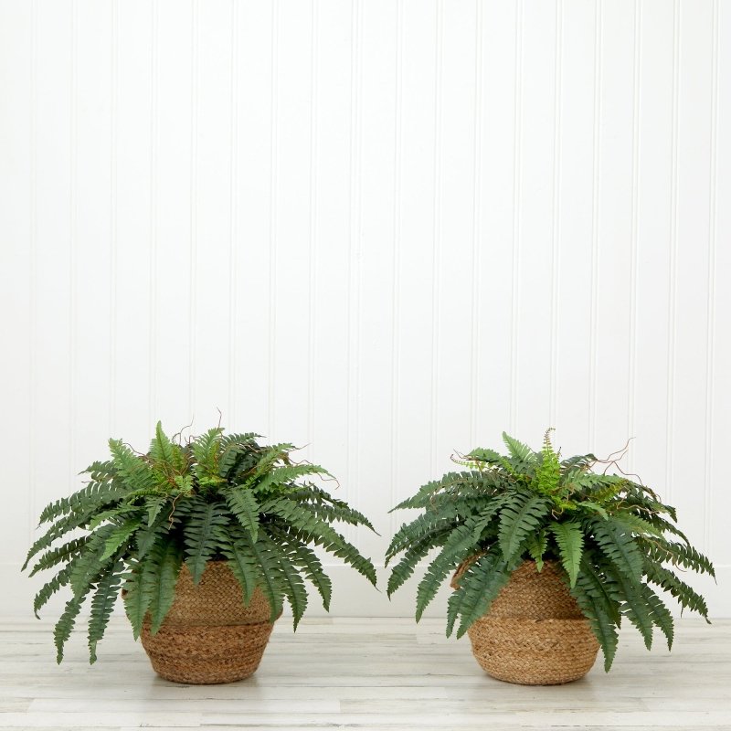 23” Artificial Boston Fern Plant with Handmade Jute &amp; Cotton Basket with Handles DIY KIT - Set of 2 - FCHF CITY
