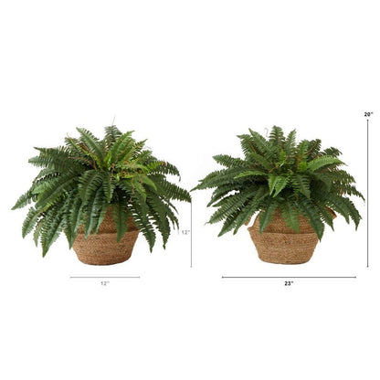 23” Artificial Boston Fern Plant with Handmade Jute &amp; Cotton Basket with Handles DIY KIT - Set of 2 - FCHF CITY