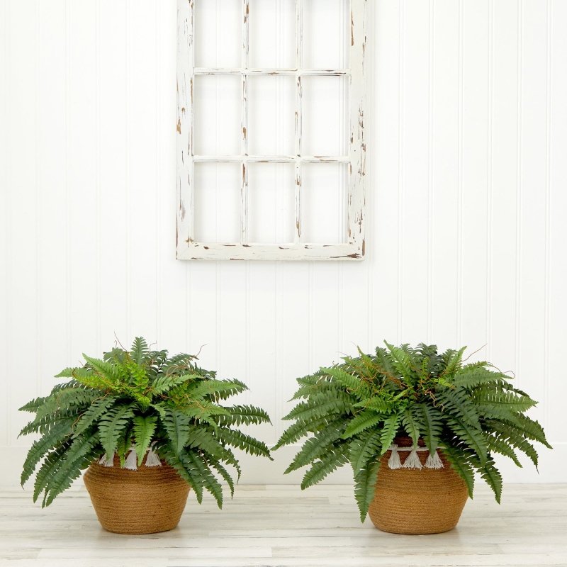 23” Artificial Boston Fern Plant with Handmade Jute &amp; Cotton Basket with Tassels DIY KIT - Set of 2 - FCHF CITY