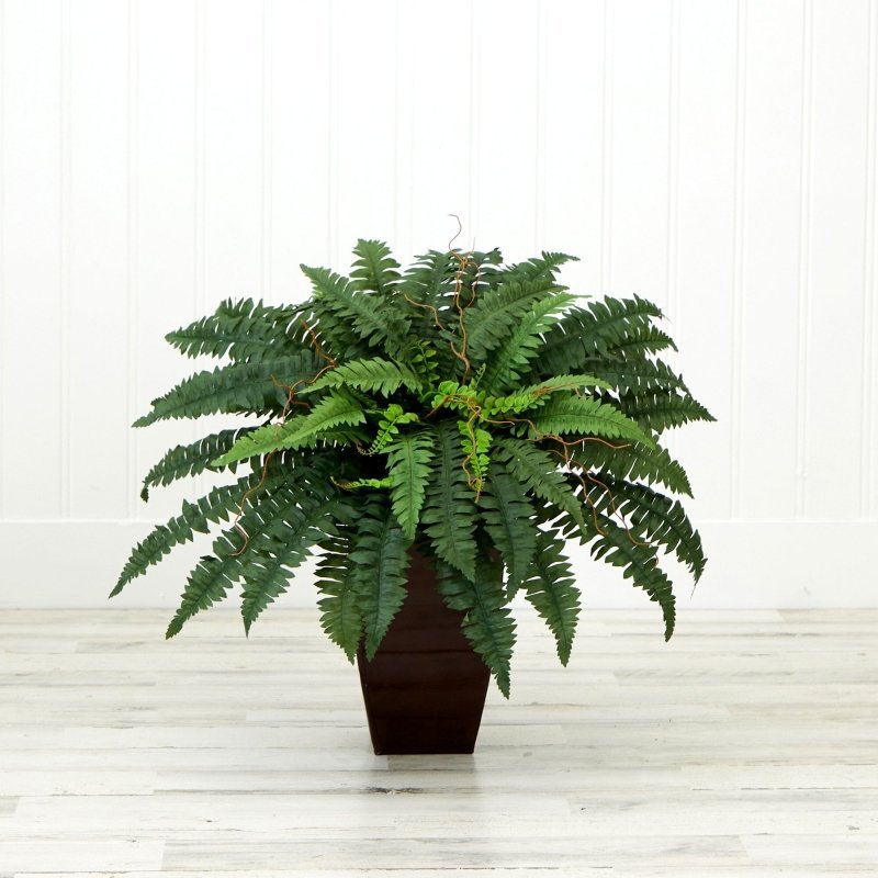 23” Artificial Boston Fern Plant with Tapered Bronze Square Metal Planter DIY KIT - FCHF CITY