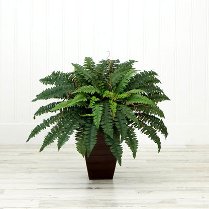23” Artificial Boston Fern Plant with Tapered Bronze Square Metal Planter DIY KIT - FCHF CITY