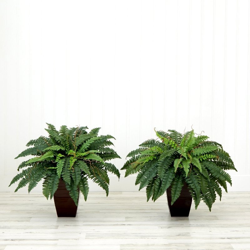 23” Artificial Boston Fern Plant with Tapered Bronze Square Metal Planter DIY KIT - Set of 2 - FCHF CITY