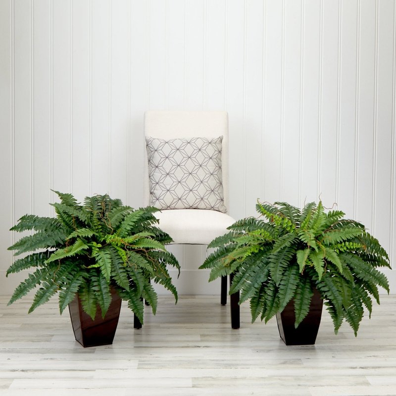 23” Artificial Boston Fern Plant with Tapered Bronze Square Metal Planter DIY KIT - Set of 2 - FCHF CITY