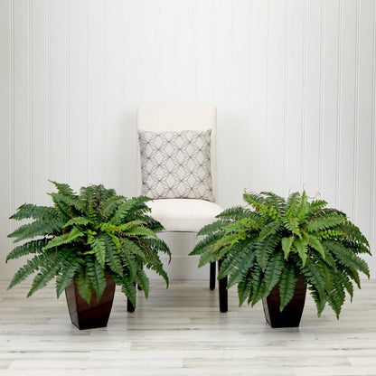 23” Artificial Boston Fern Plant with Tapered Bronze Square Metal Planter DIY KIT - Set of 2 - FCHF CITY