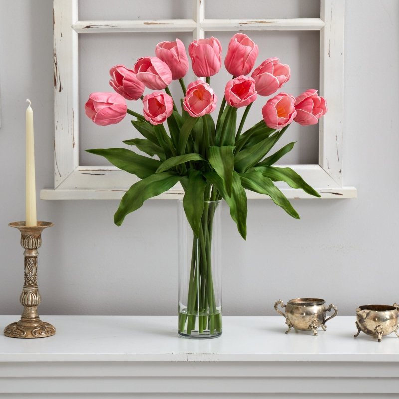 23” Artificial Tulip Arrangement with Cylinder Glass Vase - FCHF CITY