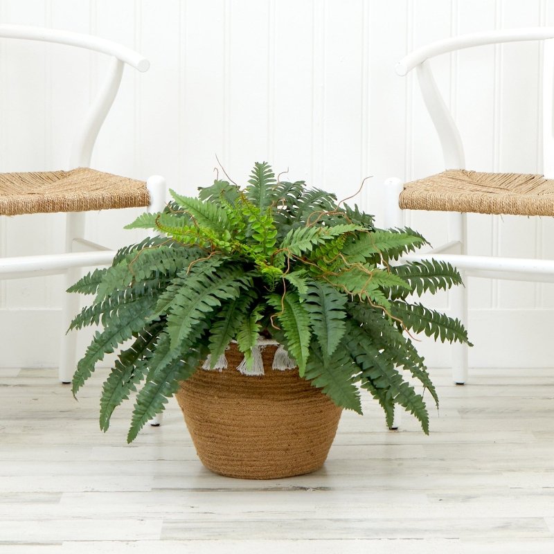 23”Artificial Boston Fern Plant in Handmade Jute &amp; Cotton Basket with Tassels DIY KIT - FCHF CITY