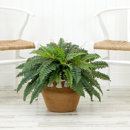 23”Artificial Boston Fern Plant in Handmade Jute &amp; Cotton Basket with Tassels DIY KIT - FCHF CITY