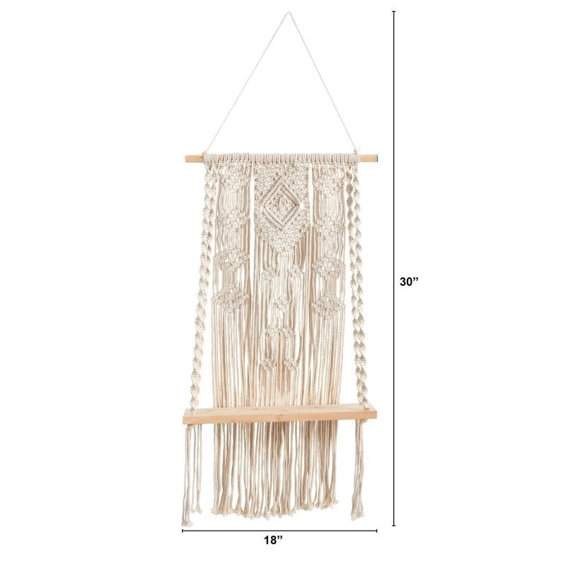 2.5’ x 1.5’ Hand Crafted Woven Macrame Wall Hanging with Wooden Shelf - FCHF CITY