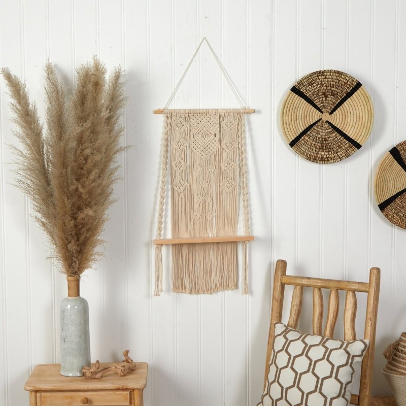 2.5’ x 1.5’ Hand Crafted Woven Macrame Wall Hanging with Wooden Shelf - FCHF CITY