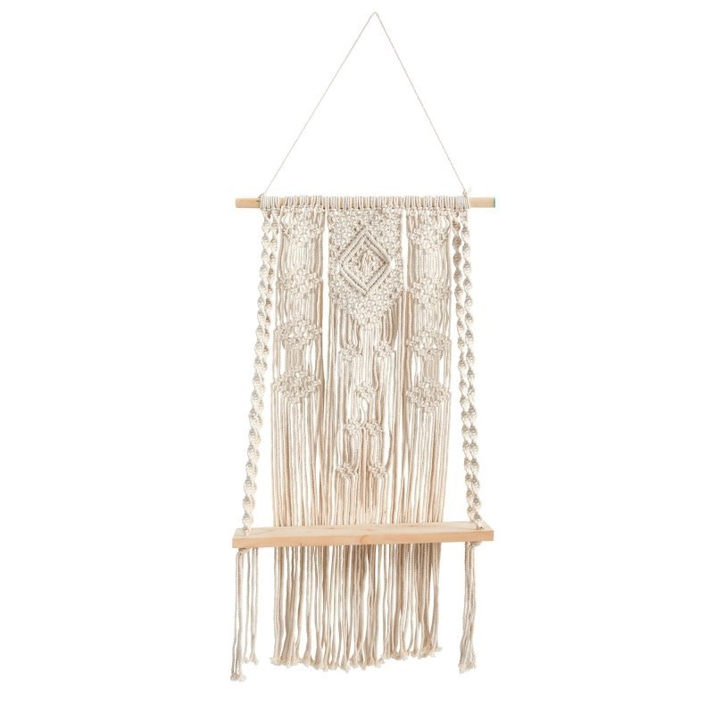 2.5’ x 1.5’ Hand Crafted Woven Macrame Wall Hanging with Wooden Shelf - FCHF CITY