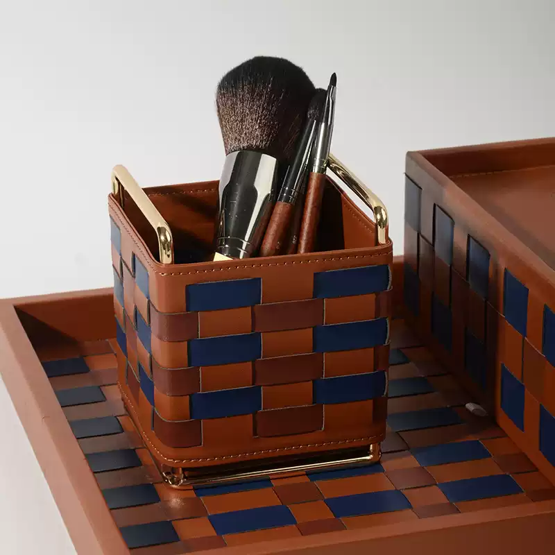 Modern Woven Checkered Storage Bin, Faux‑Leather Decor Organizer for Home