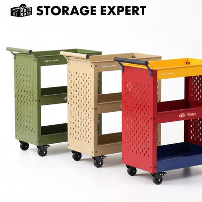 3-Tier Metal Rolling Storage Cart with Pegboard &amp; Brake Casters - FCHF CITY