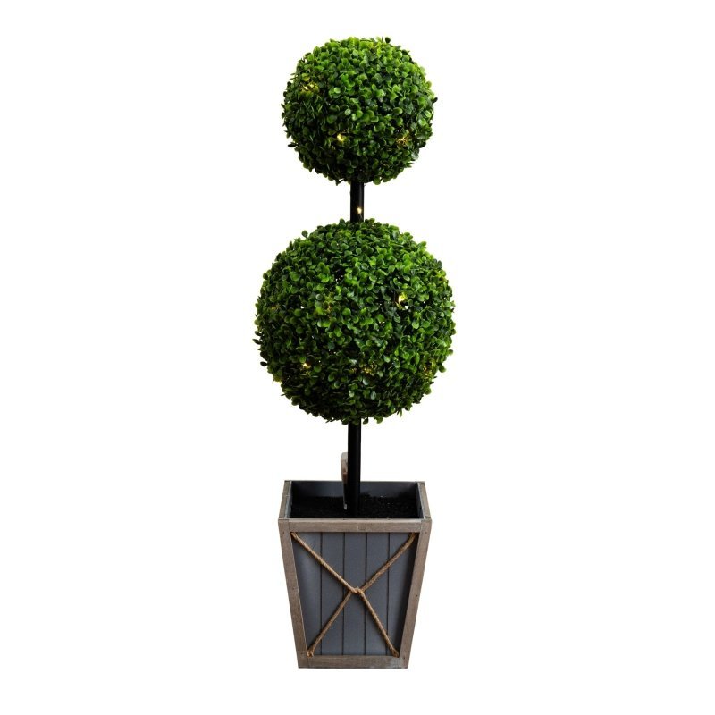 3’ UV Resistant Artificial Double Ball Boxwood Topiary with LED Lights in Decorative Planter (Indoor/Outdoor) - FCHF CITY