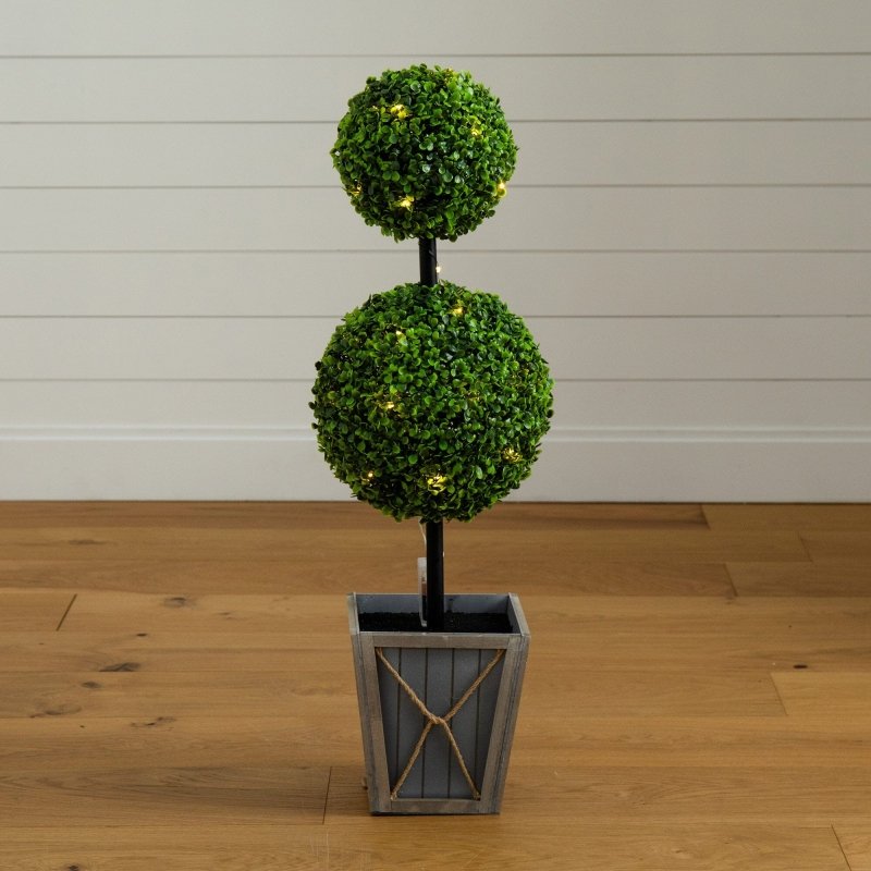 3’ UV Resistant Artificial Double Ball Boxwood Topiary with LED Lights in Decorative Planter (Indoor/Outdoor) - FCHF CITY