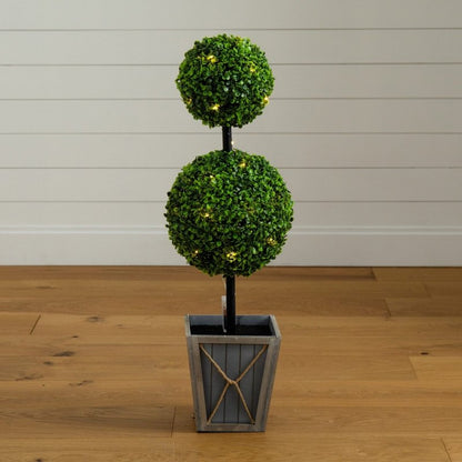 3’ UV Resistant Artificial Double Ball Boxwood Topiary with LED Lights in Decorative Planter (Indoor/Outdoor) - FCHF CITY