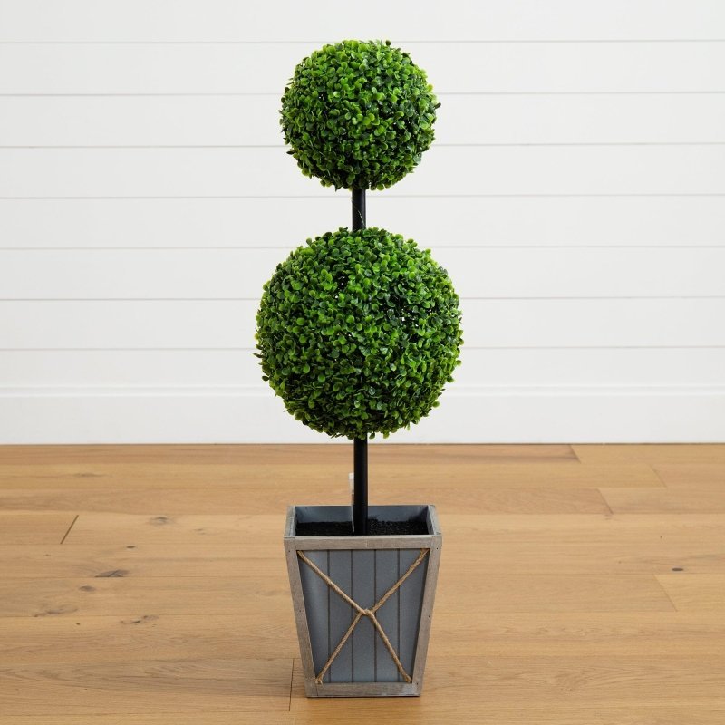 3’ UV Resistant Artificial Double Ball Boxwood Topiary with LED Lights in Decorative Planter (Indoor/Outdoor) - FCHF CITY