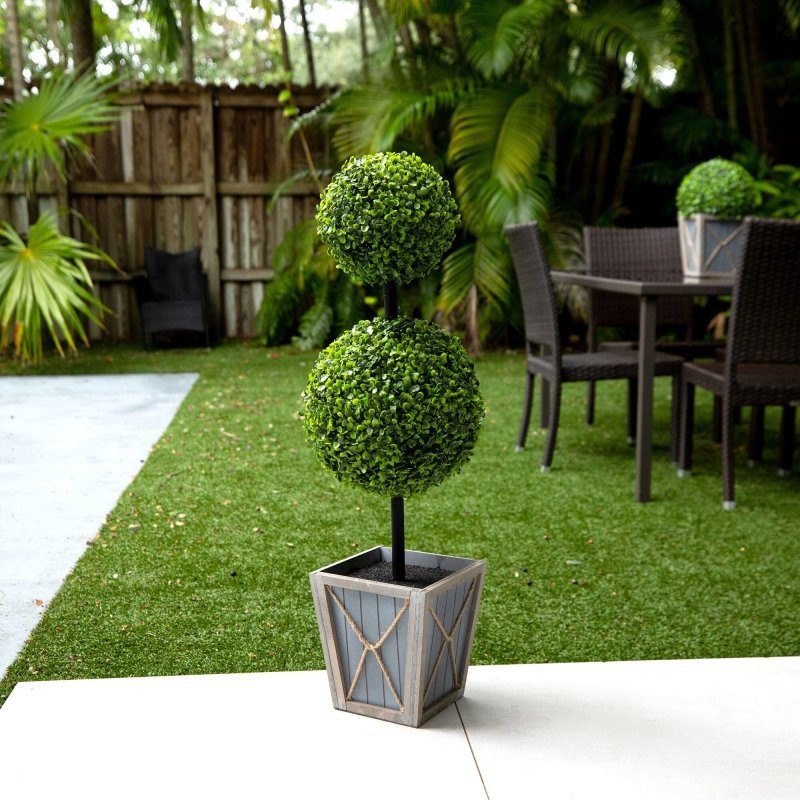 3’ UV Resistant Artificial Double Ball Boxwood Topiary with LED Lights in Decorative Planter (Indoor/Outdoor) - FCHF CITY