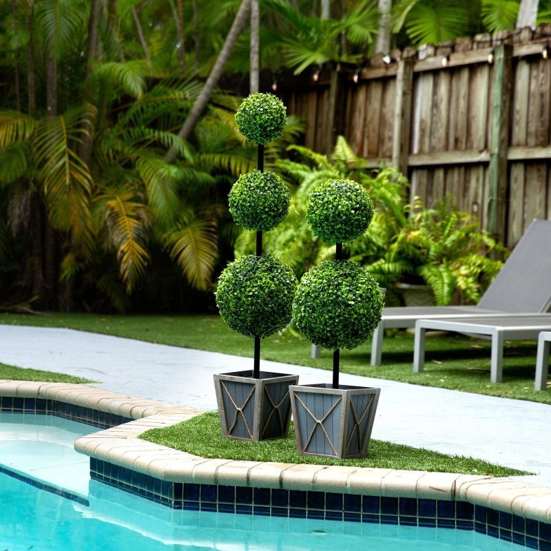 3’ UV Resistant Artificial Double Ball Boxwood Topiary with LED Lights in Decorative Planter (Indoor/Outdoor) - FCHF CITY