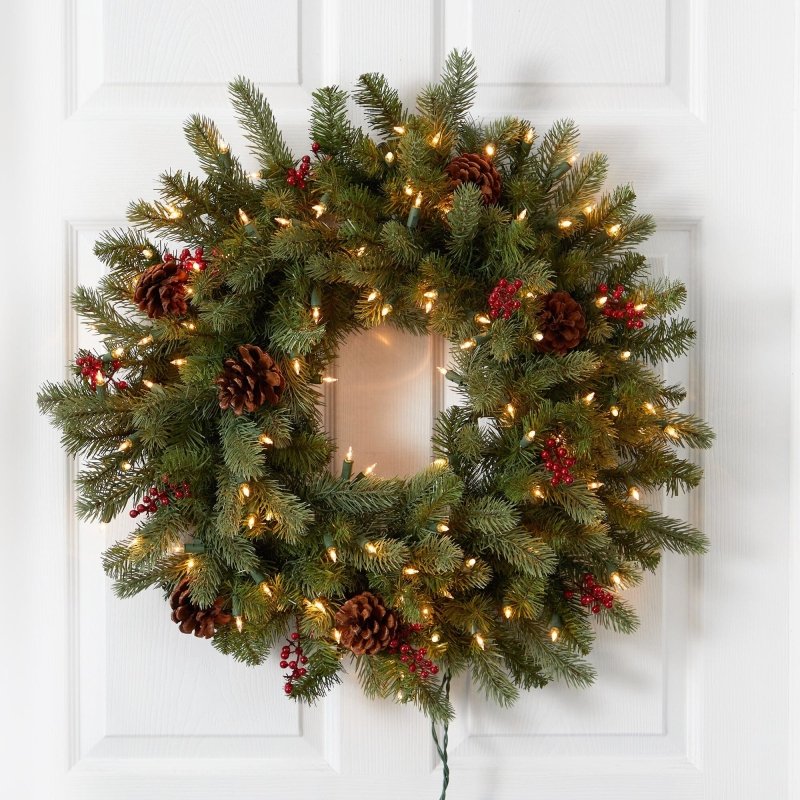30” Lighted Pine Wreath w/Berries &amp; Pine Cones - FCHF CITY