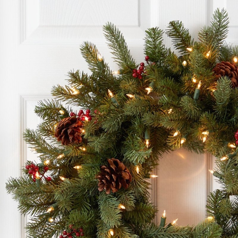 30” Lighted Pine Wreath w/Berries &amp; Pine Cones - FCHF CITY
