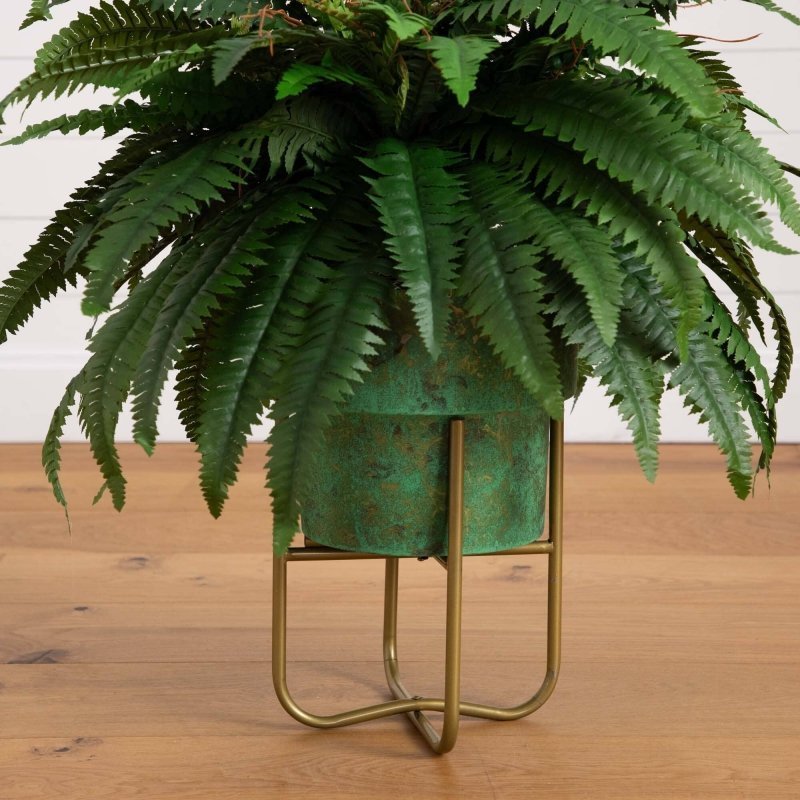 31” Artificial Boston Fern in Patina Metal Planter with Stand - FCHF CITY