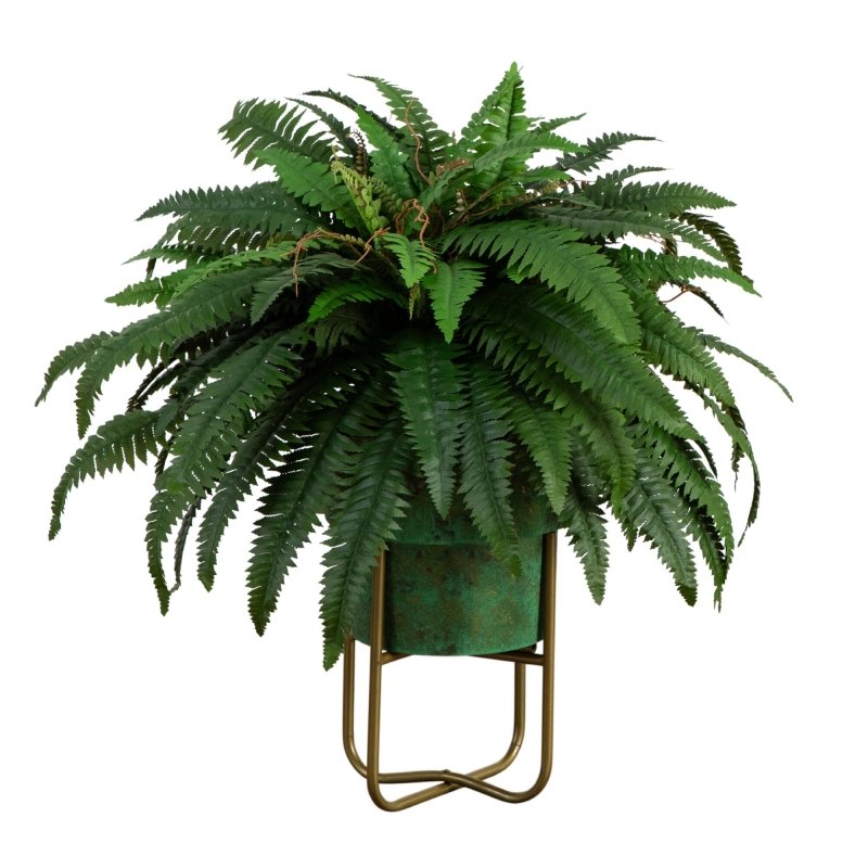 31” Artificial Boston Fern in Patina Metal Planter with Stand - FCHF CITY
