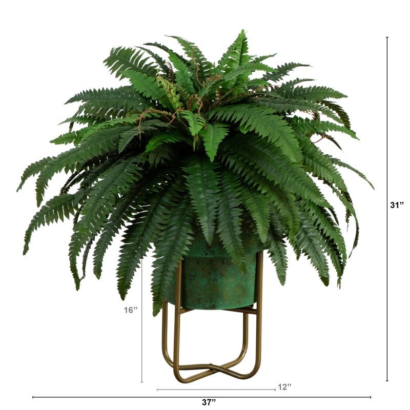 31” Artificial Boston Fern in Patina Metal Planter with Stand - FCHF CITY