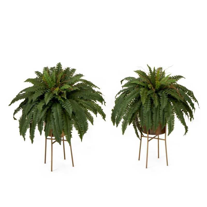 32” Artificial Boston Fern Plant with Metal Planter with Stand DIY KIT - Set of 2 - FCHF CITY