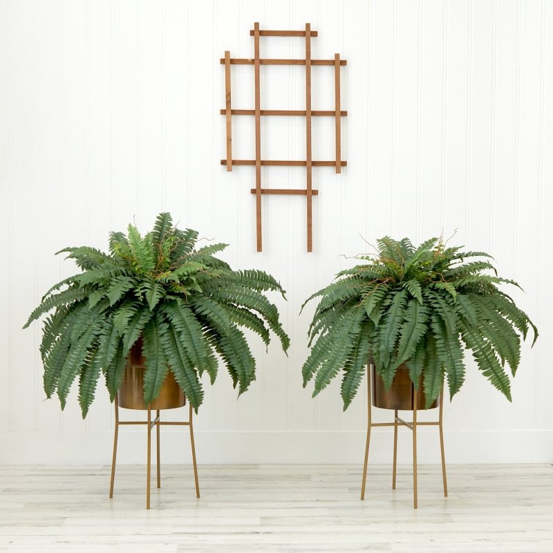 32” Artificial Boston Fern Plant with Metal Planter with Stand DIY KIT - Set of 2 - FCHF CITY