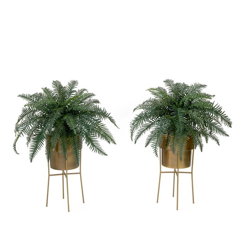34” Artificial River Fern Plant in Metal Planter with Stand DIY KIT - Set of 2 - FCHF CITY